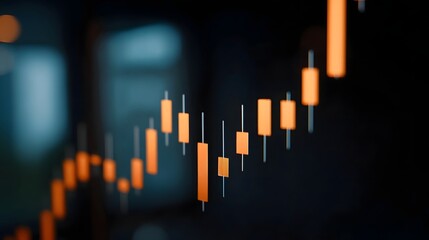 Abstract orange candlestick chart showing upward financial market trend against a blurred dark background