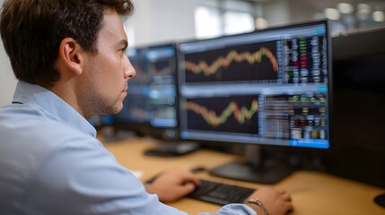 Man at desk studies financial market data and charts on multiple computer screens in office