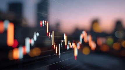 Financial trading graph displaying market trends against a blurred twilight cityscape
