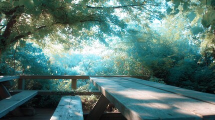 Wooden table and bench in a wooded area during daytime
