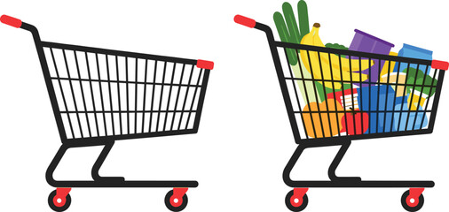 Empty and full shopping cart comparison illustration with groceries and products for retail ecommerce concept in clean modern flat vector style © Asha Creatives