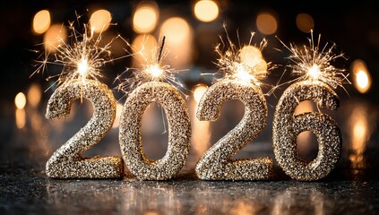 Golden 2026 numbers with sparklers and bokeh lights