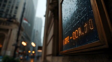 An illuminated orange digital display showing alphanumeric text on a wet building facade in a blurred rainy urban street