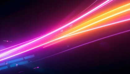 Obraz premium Abstract neon background with pink, yellow, and blue gradient beams on a deep black backdrop. Futuristic digital 3D artwork featuring glowing light effects, smooth gradients, and vibrant neon reflect