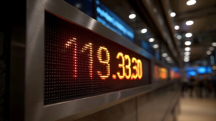 Close up of a glowing digital display showing financial data on a ticker board with a blurred modern interior background