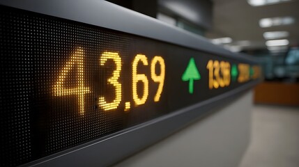 A close up view of a digital ticker board displaying market data with glowing orange numbers and a green upward arrow suggesting financial growth