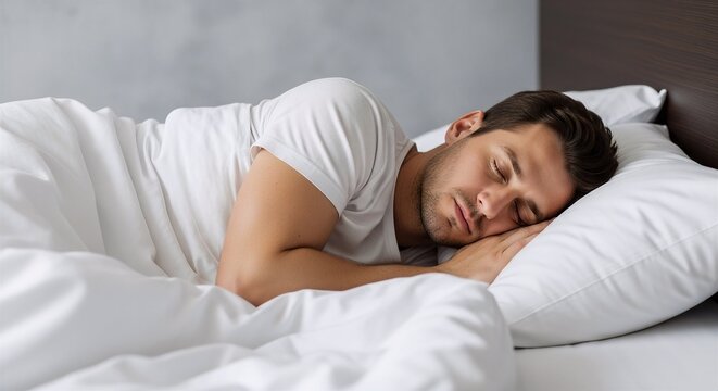 A peaceful young man is sleeping soundly in a comfortable white bed