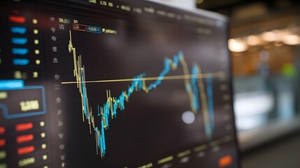 Close up of a dynamic financial trading graph displayed on a computer monitor showing market trends