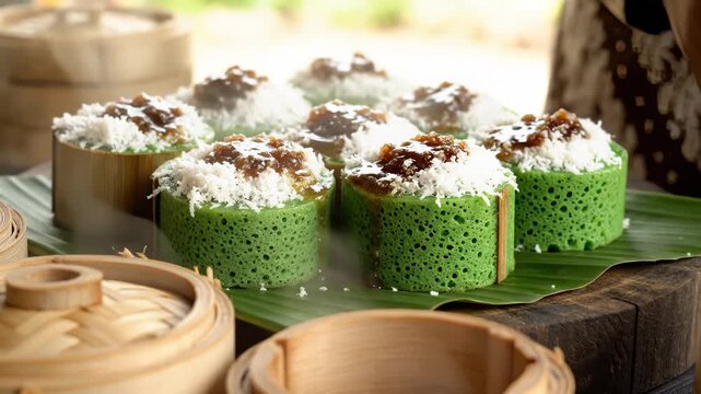 Steaming Indonesian Kue Putu Cakes Displayed on Banana Leaf, Close Up