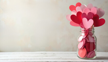 Glass jar holds many red and pink paper hearts. Hearts are on sticks emerging from jar, others fill jar. Festive decoration for Valentines Day celebration.
