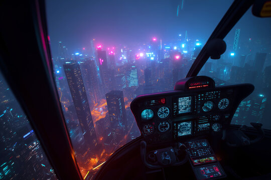 Aerotaxi night flight with neon-lit skyscrapers and glowing navigation lights, moody futuristic atmosphere - Powered by Adobe