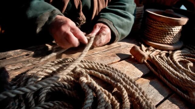 Hands meticulously work with a thick rope, demonstrating craftsmanship on a weathered wooden surface