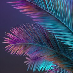 Obraz premium Close-up view of vibrant palm fronds, illuminated with neon purple, teal, and orange hues