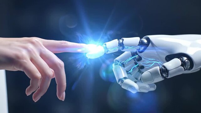 caucasian human hand touching white robot finger with glowing blue light. artificial intelligence and futuristic technology connection. cybernetic collaboration concept. science  background.