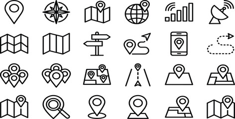 Essential GPS, Navigation, and Geographic Location Vector Line Icons Set, Including Map, Pin, Compass, Signal, and Route for Apps and Web.