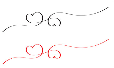 Valentine's Day heart border . Simple red and black heart outlines formed by flowing lines, representing love, romance, and elegance on a clean white background. Line art heart banner. 