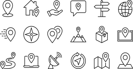 Modern Navigation, Location, and Direction Vector Line Icons Set, Including Pin, Compass, Map, Route, and GPS for Mobile Apps and Web.