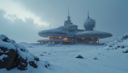 Futuristic research base sits on vast snowy plain under cloudy sky. Sleek, modern buildings with glowing windows nestled in icy landscape. Expedition outpost thrives in harsh, cold, remote terrain.