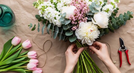 Hands tying a romantic bridal bouquet featuring white peonies, pink flowers, eucalyptus