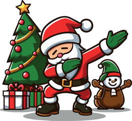 Santa Claus with gifts and Christmas tree cartoon illustration