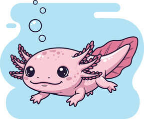 Cute pink axolotl swimming underwater with bubbles in a flat cartoon vector style. Perfect for children illustrations, stickers, educational materials, and playful digital designs