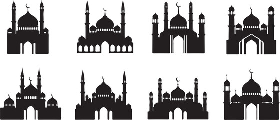 Eight black mosque silhouette vector icons