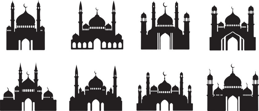 Eight black mosque silhouette vector icons
