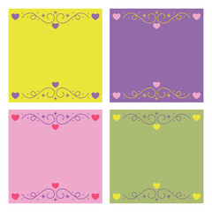 A set of square backgrounds with frames and hearts. Backgrounds with monograms, stars, and hearts. Vector backgrounds with copy space for invitations, cards, banners for Valentine's Day, and weddings.