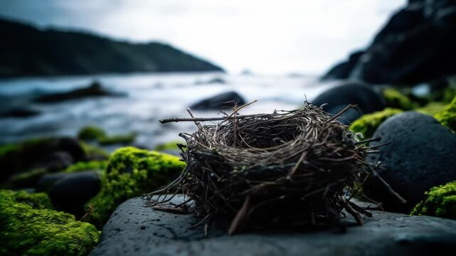 A close-up view of a bird's nest resting atop a rock surrounded by moss-covered stones