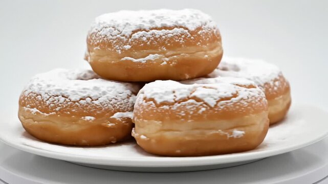 Close Up of Stacked Donuts Sprinkled With Powdered Sugar on a White Plate