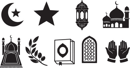 Islamic religious symbols silhouette icon set