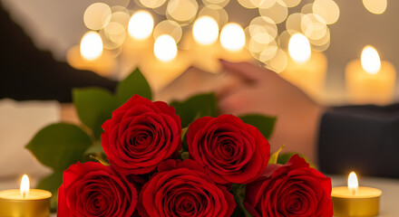 Romantic bouquet of red roses with candles and lights in background for valentines day