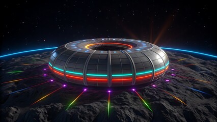 Futuristic UFO base on distant planet with vibrant neon lights