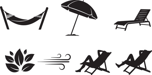 Summer relaxation vacation icons set silhouette