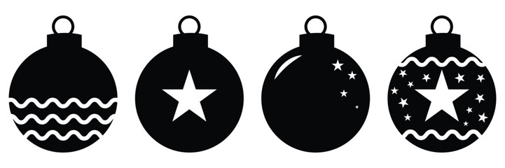 Christmas Balls Icon Set Vector: Festive Ornament Bauble Silhouette Collection. Solid Black Icons for
 Holiday Decoration, Season's Greetings, and Winter Design.