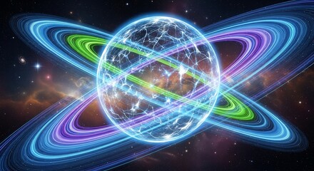 Stunning cosmic creation with vibrant rings orbiting a glowing sphere in deep space, a modern exploration of universal energy, perfect for tech and science visuals