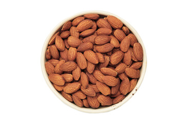 Almonds in white bowl isolated on white background