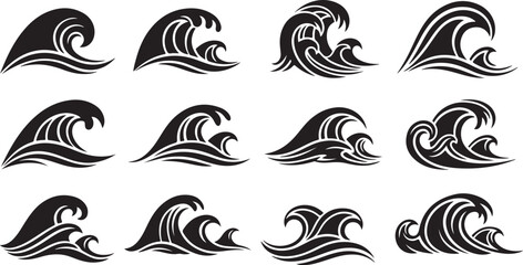 Twelve stylized black ocean wave icons