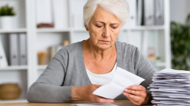 An older woman with white hair in a gray sweater looks at a document. A stack of paper is on the table