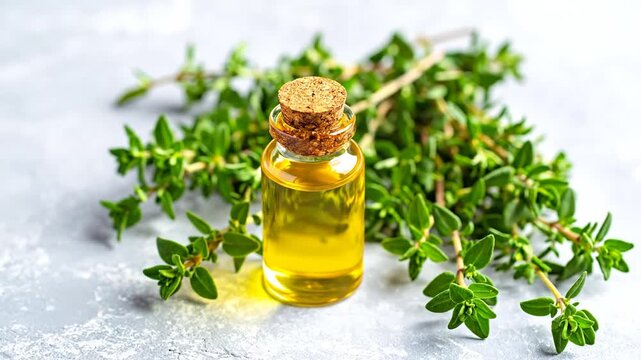 A clear glass bottle of golden liquid is capped with cork, thyme sprigs surround it on a surface