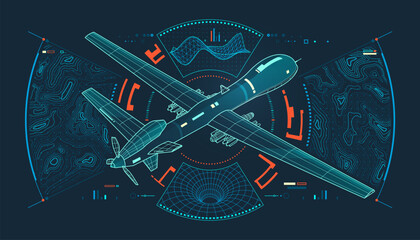 concept of modern warfare technology or aerospace engineering, graphic of military drone with topographic map and wireframe texture elements as interface
