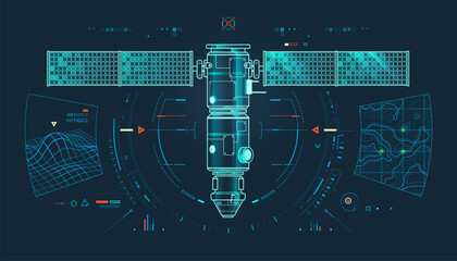 concept of space engineering or space industry, graphic of Satellite in front view with topographic map and wireframe surface interface