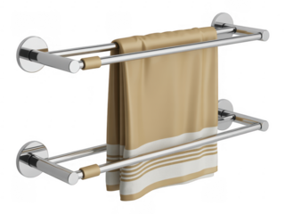 Beige towel on a double towel rack isolated on a transparent background silver bathroom