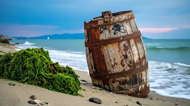 An old wooden barrel, adorned with a skull and crossbones symbol, on a sandy beach