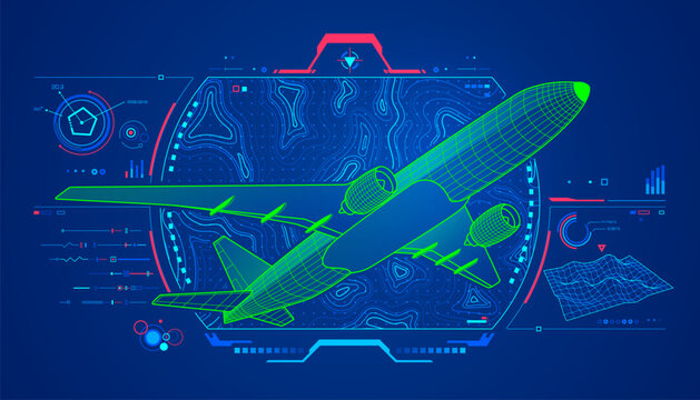 concept of aerospace technology or aviation simulation, graphic of airplane with topographic map background and Flight Simulator interface