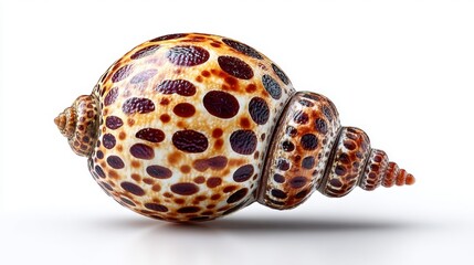 Detailed, spotted spiral seashell against a white background