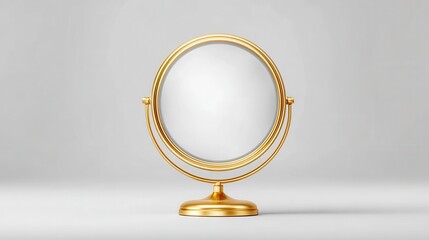 Elegant oval vanity mirror with a polished gold stand on a white surface