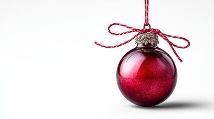 Festive red glitter bauble hanging with red twine on white