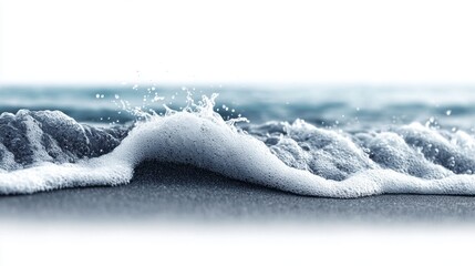 Gentle ocean wave cresting, white foam splashes on dark sand, serene