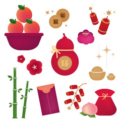 Colorful flat vector icon set of Chinese New Year symbols including oranges, red envelopes, firecrackers, gold ingots, coins, bamboo, flowers, peaches, and fortune pouches, isolated on a background.